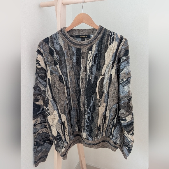 Vintage Sweaters - Vintage 90's Coogi Style Abstract Texture Chunky Crewneck Sweater In Tan/Black